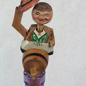 Anri Hand Carved Wooden Mechanical Bottle Stopper Man Tipping Hat MCM FLAWS READ